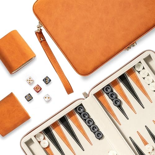 Image of Lingle 9.4" Backgammon Sets for Adults, Classic Board Game with Folding Faux Leather Backgammon Case, Portable Travel Backgammon Game Set (Orange)