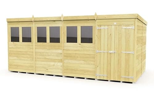Image of Buttercup Farm 16 x 8 Feet Pent Shed - Double Door With Windows - Wood - L231 x W474 x H201 cm