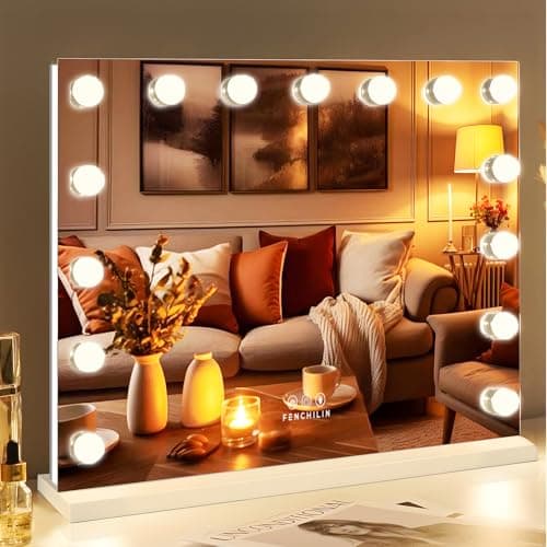 Image of FENCHILIN Hollywood Mirror with RGB Backlit 15 LED Vanity Mirror with Lights 3 Lighting Modes Dynamic RGB Backlit Hollywood Vanity Makeup Mirror with Lights Shatterproof for Dressing Table 58x46cm