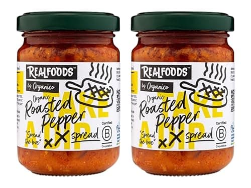 Image of Realfoods by Organico | Organic Roasted Pepper Spread – Sweet Italian Peppers with Cashews & Extra Virgin Olive Oil, Creamy Farm-Fresh Mediterranean Dip, 140g (Pack of 2)