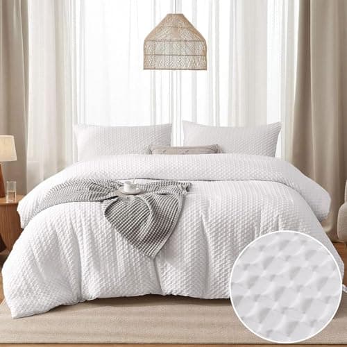 Image of White Checkered Duvet Cover Set with 2 Pillowcases Waffle Seersucker Puckering Bedding Set for Teens Adults Soft Microfibre Double Size 200×200 cm