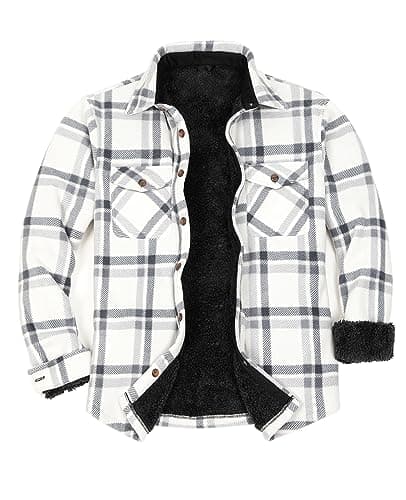 Image of ZENTHACE Men's Sherpa Fleece Lined Flannel Shacket Jacket Outdoor Work Plaid Flannel Cpo Shirt Jacket Fall Winter Warm Coat White XXL
