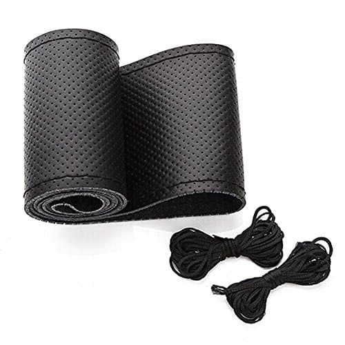 Image of Onerbuy Universal Leather Car Steering Wheel Stitch On Wrap Cover DIY Sewing Breathable and Anti slip, 15-Inch (Black)