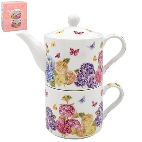 Image of LESSER & PAVEY Ceramic Tea for One Single Serve Tea Set Butterfly Blossom Floral Pink Design