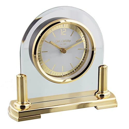 Image of Wm Widdop Modern Stylish Glass & Brass Two Tone Quartz Arched Design Mantel Clock