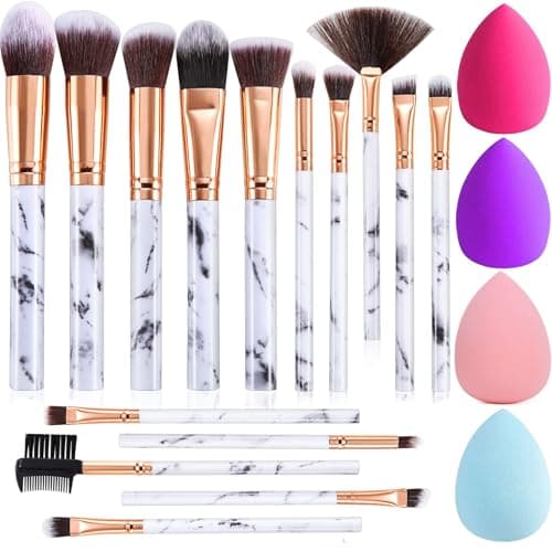 Image of Makeup Brushes DUAIU 15PCs Marble Makeup Brush Set Premium Synthetic Kabuki Powder Blush Contour Foundation Concealer Eyeshadow Brushes with Makeup Sponge