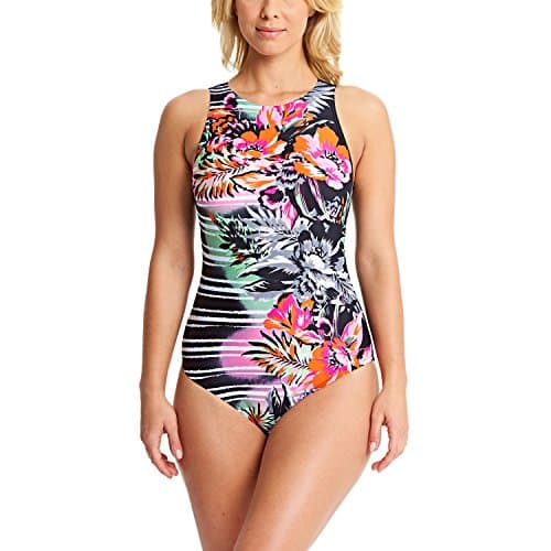 Image of Zoggs Women's Front' Hi Neck One Piece Swimsuit, Black/Pink/Multi, 32 Inch, 8, 113418032