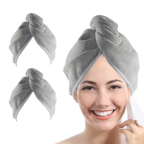 Image of YoulerTex Microfiber Hair Towel Wrap for Women, 2 Pack 10 inch X 26 inch, Super Absorbent Quick Dry Hair Turban For Drying Curly, Long & Thick Hair (Gray)
