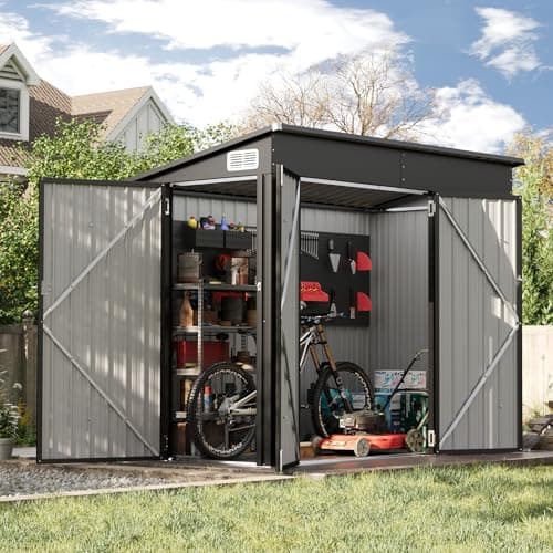 Image of Aoxun 8x4ft Metal Garden Shed Pent Roof, Bike Sheds and Outdoor Storage 234×131×185 cm, Weatherproof Garden Storage Shed with Triple Lockable Door for Garden, Patio, Courtyard, Backyard, Black