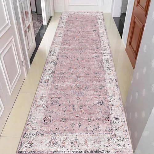 Image of Hibate Bohemian Carpet Runners for Hallways Non Slip Long for Kitchen Hall Laundry Entryway Extra Machine Washable - Pink 60x180cm (2x6ft)