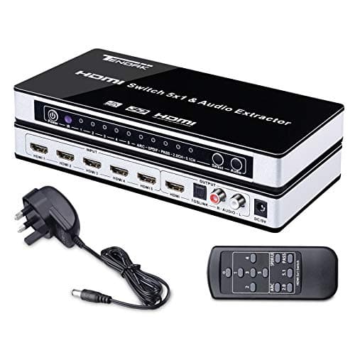 Image of Tendak 4K HDMI Switch Switcher 5 Port HDMI Switch Box 5x1 with Optical Toslink L/R Audio Extractor with IR Remote Support ARC for PS3, PS4, Bluray Player, Virgin box, Game box and More