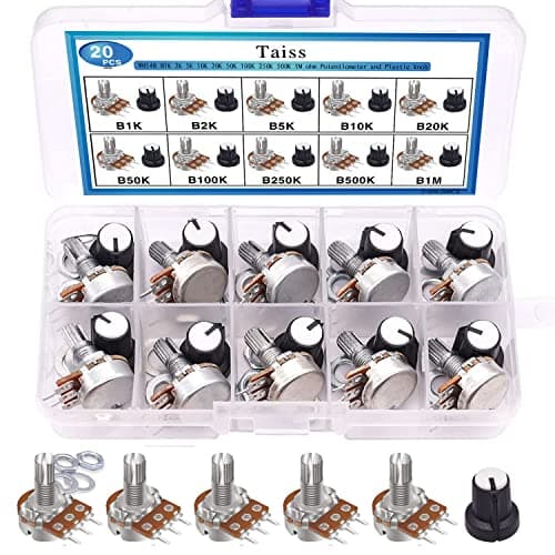 Image of Taiss 20PCS Potentiometer Kit with Knobs B1K 2K 5K 10K 20K 50K 100K 250K 500K 1M Ohm potentiometers Assortment 3 Terminals Linear Taper Rotary Audio B Type Potentiometer,Volume Control Potentiometer