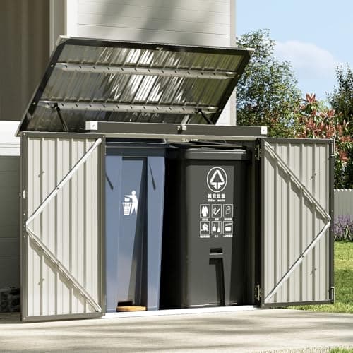 Image of Aoxun 5x2.6ft Metal Garden Shed, Storage Shed with Chain Lid, Waterproof Openable Front & Top Doors, Sheds and Outdoor Storage Ideal for 2 Trash Bins, Toys, Garden Tools (Black)