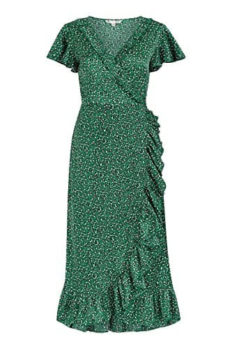 Image of Yumi Green Leopard Satin Frill Wrap Midi Dress 14 Green