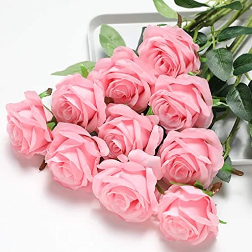 Image of Veryhome 10 Pcs Artificial Roses Silk Flowers Fake Single Stem Blooming Rose Bridal Bouqets For Wedding Home Birthday Party Arrangment Garden Decoration (Pink)