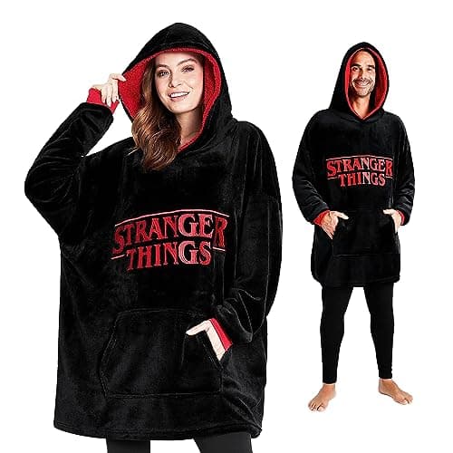 Image of Stranger Things Hoodie Oversized Poncho for Adults Teenagers - Warm Fleece Blanket Hoodie Official Merchandise (Black/Red)