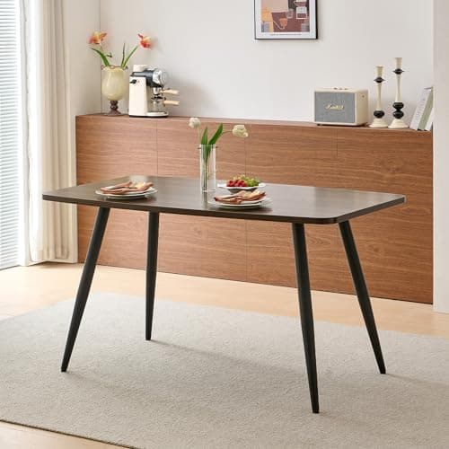 Image of Weegstok Dining Table 140cm Dark Walnut MDF Kitchen Table with Round Metal Legs, Modern Wooden Rectangular Dinner desk for 4-6 Person Dining Room, Restaurant, Apartments