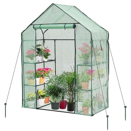 Image of Taylor & Brown Walk In Greenhouse Compact Green House with 4 Shelves and Weatherproof PE Plastic Cover Plant House/Grow House for Garden and Outdoor Roll up Zip Panel Door Easy No Tool Assembly