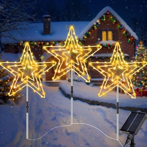 Image of Joycome Solar Christmas Lights Outdoor 3x75 LED Star Christmas Pathway Lights, IP65 Waterproof Xmas Star Stake Light Solar Powered, 8 Modes Stake Light for Path Yard Garden Xmas Decorations