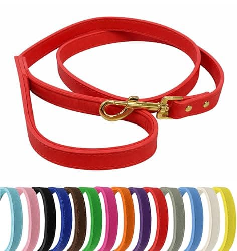 Image of Vibrant Genuine Leather Dog Lead with Soft Neoprene Padded Handle & Metal 360° Swivel Clasp 120cm Leash (Red, Large (2cm Wide))