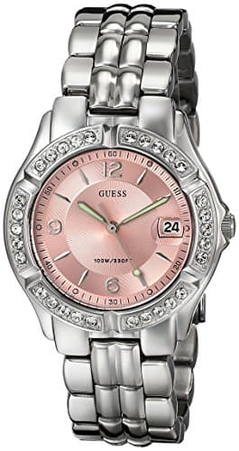 Image of GUESS 38MM Classic Watch, Silver-Tone/Pink, One Size, Women's Stainless Steel Crystal Accented Bracelet Watch