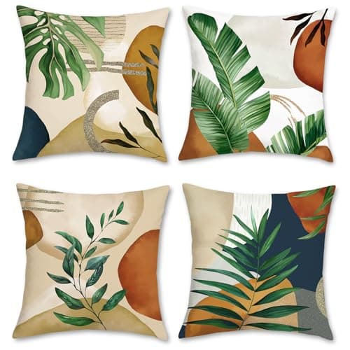 Image of Bonhause Boho Leaves Cushion Covers 45 x 45 cm Modern Green Tropical Leaf Decorative Throw Pillow Covers for Sofa Garden Patio Home Spring Decor Set of 4
