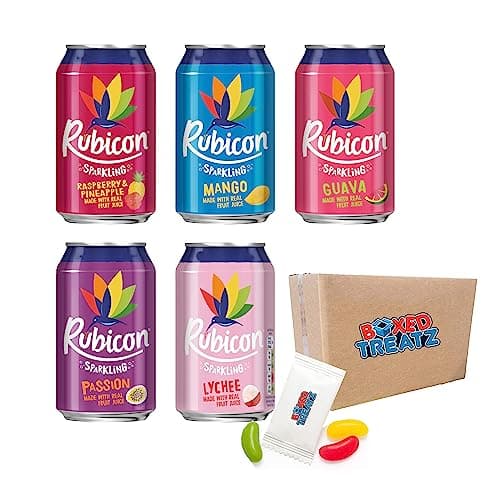 Image of Rubicon Sparkling Fizzy Drink With Real Fruit Juice 330ml Pack Of 24 Assorted Flavours Suitable For Vegans Rubicon Sparkling Cans Bundle Boxed Treatz