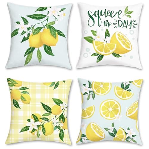 Image of Bonhause Summer Lemon Cushion Covers 45 x 45 cm Fruit Double Sided Decorative Throw Pillow Covers Farmhouse Pillowcases for Sofa Patio Garden Home Decor Set of 4