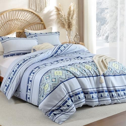 Image of Duvet Cover Set King Boho Striped Bedding Set Ethnic Exotic Farmhouse Bohemian Aztect Quilt Cover Ultra Soft Microfiber Duvet Cover (Grey, King)