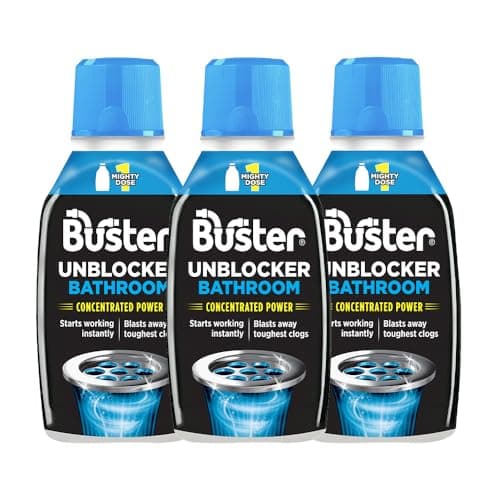 Image of Buster Bathroom Drain Unblocker (Pack of 3 x 300ml) Fast-Acting Sink Unblocker Dissolves Hair, Sludge and Soap, Drain Cleaner Clears Blockages in Shower, Bath and Bathroom Sink Pipes - Made in UK