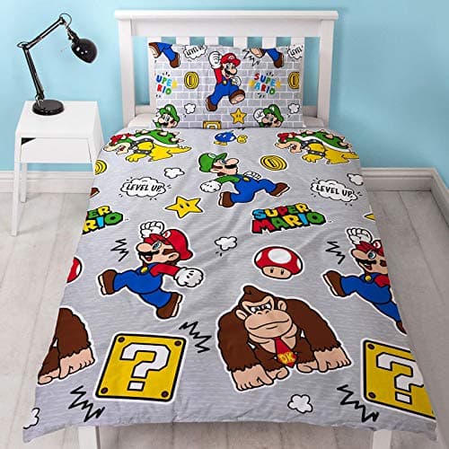 Image of Nintendo Official Super Mario Level Up Single Duvet Cover Design | Reversible Two Sided Mario & Luigi Grey Bedding Duvet Cover With Matching Pillow Case