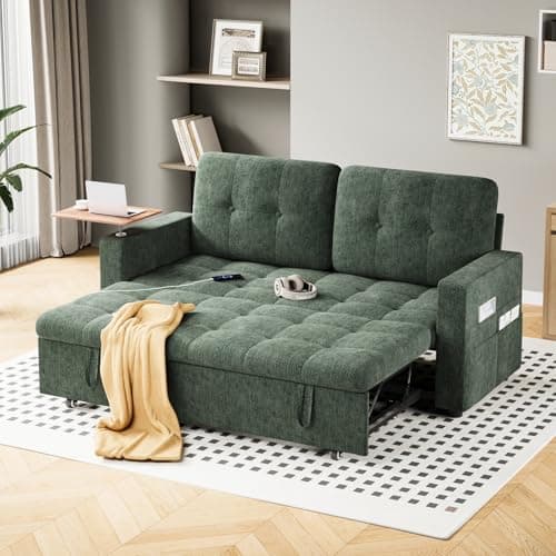 Image of JEFFORDOUTLET Sofa Bed 2 Seater, 3-in-1 Convertible Sleeper Corner Sofa Couch with Detachable Side Table, USB, Side Pocket for Living Room, Guest Room, Chenille Pull Out Loveseat Bed,Settee,Green