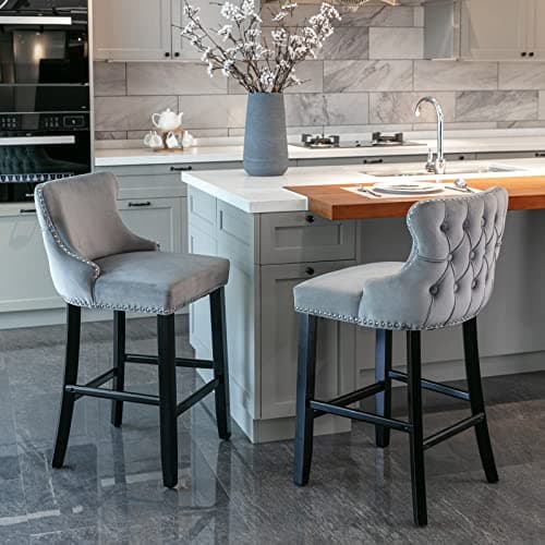 Image of HomeTouch Barstools Set of 2 Modern Velvet Upholstered Bar Stools with Backrest and Wooden Legs for Home and Kitchen Island and Bar Restaurant (2, Grey)