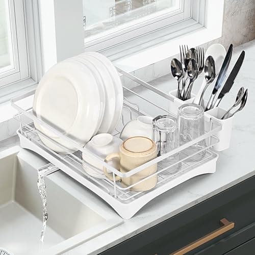 Image of Vinsani Dish Drainer Rack Space Saving Dish Drying Rack Sleek Modern Kitchen Drying Rack with Auto Drainage System Cutlery Holder for Kitchen Countertop (White)