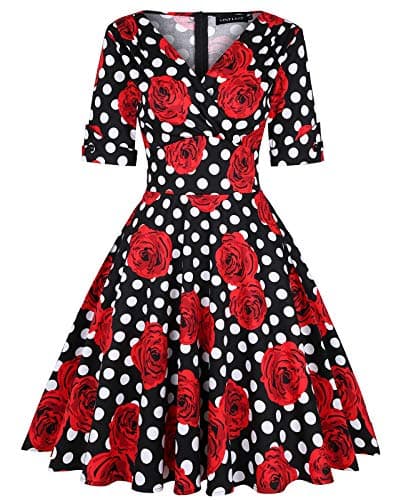 Image of MINTLIMIT Womens 50s Vintage Autumn Dress V Neck Half Sleeve Floral Tea Cocktail Party A-Line Midi Dress (Red L)