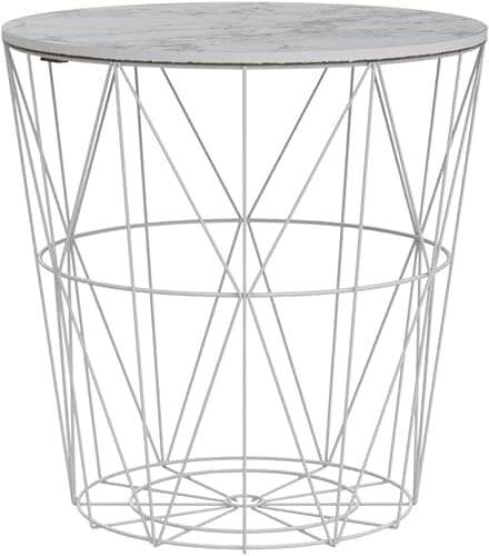 Image of HOMION Round Side Table Wire Metal Storage Basket Modern Side Table Bedroom Balcony Corner Tea Table (White Marble Pattern Lid, Medium)
