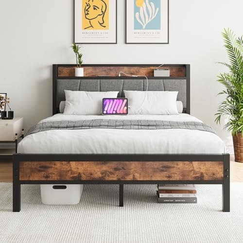 Image of BORPHOM King Size Bed Frame with Storage Wooden Headboard,5ft Metal Upholstered Platform Bed Frame King Size Bed Base with Charging Station,Mattress Base/Sturdy Steel Slat Support/Noise Free/Brown
