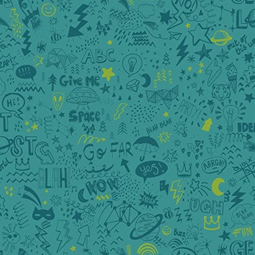 Image of K Collection Doodle Teal/Neon Yellow Kids Bedroom Wallpaper (13341)