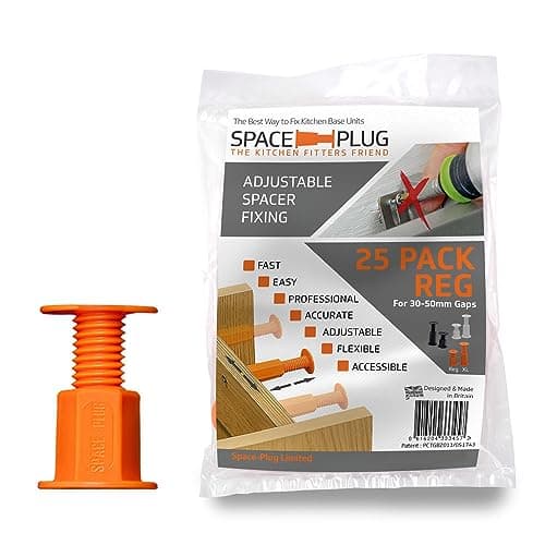 Image of Space-Plug Adjustable Spacer Fixings (Regular Size for 30-50mm Gaps), 25 Pack of Original Orange Spacers, Professional & DIY use for Kitchen, Bedroom, Bathroom & Furniture installations