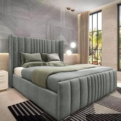 Image of 6FT Super King Wingback Bed Frame With Headboard Upholstered In Grey Plush Velvet Frame Wooden Slats - No Storage - No Mattress (Grey, 6FT Super King Bed Frame)
