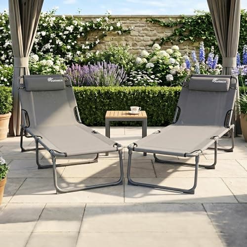 Image of SUNMER Sun Loungers - Set of 2 Deluxe Tanning Sun bed - 5 Position Adjustable Backrest, Heavy Duty Folding, Outdoor Day Bed for Garden & Pool