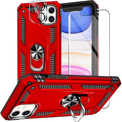 Image of Jihucase for iPhone 11 Case with Screen Protector:[Military Grade Drop Tested] Ring Holder Kickstand Shockproof Anti-Slip Protective Phone Case for iPhone 11 6.1- Red