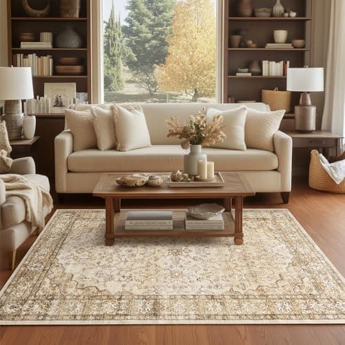 Image of Topfinel Rugs Living Room Large 160x230cm, Boho Beige Rug for Bedroom Dining Room, Washable Faux Wool Short Pile Non-Slip Area Rug