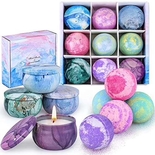Image of OFUN Bath Bombs & Scented Candles Gift Set, Large Bombs for Women Gifts, Spa Gift Idea for Girls, Friends, Kids Girlfriends Mum Mother's Day Birthday | 5 Bubble Balls & 4 Organic Soy Candles