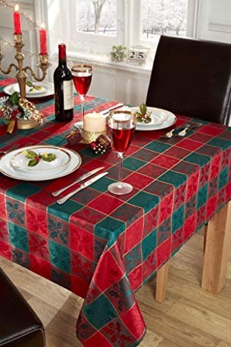 Image of Emma Barclay Christmas Check Table Cloth, Rectangular Machine Washable Xmas Dining Tablecloth in Red, Gold and Green Tartan Design (Glory) - 70x108 Inch (178x274cm)