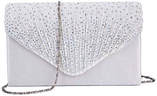 Image of SteelFever Women Diamante Envelope Clutch Bag Evening Handbag Purse Wedding, Bridal, Prom, Party Shoulder Bag (Silver)
