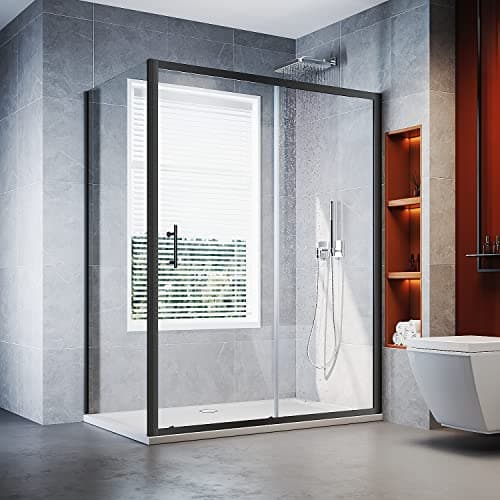 Image of ELEGANT 1400 x 700 mm Black Sliding Shower Enclosure 6mm Glass Reversible Cubicle Door Screen Panel + Side Panel