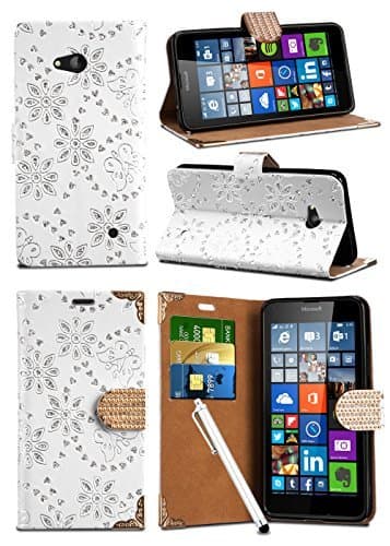 Image of Unbranded Compatible with HTC Desire 620 - Sparkle Glitter Crystal Diamond Encrusted Closure Tab Wallet Flip Case Cover with Integrated Stand with Capacitive STYLUS in WHITE