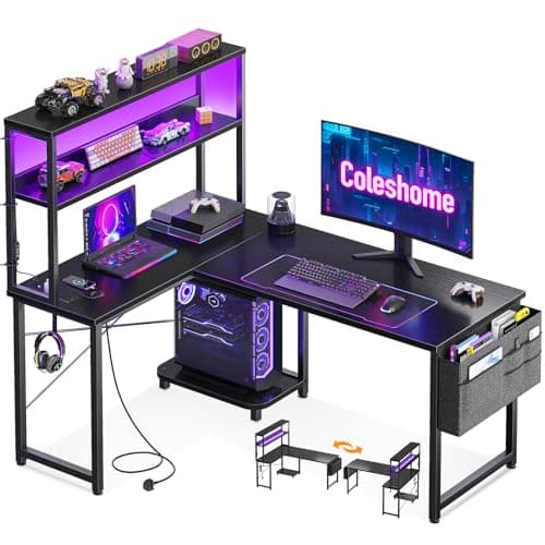 Image of Coleshome L Shaped Gaming Desk with LED Lights & Power Outlet, 110 × 80 cm Reversible Computer Desk with Shelves, Corner Desks with Storage Bag & Hook for Home Office, Black