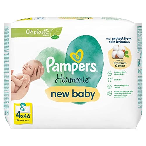 Image of Pampers Harmonie New Baby Wipes Plastic Free 4 Packs = 184 Baby Wet Wipes